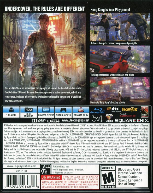 Back Cover for Sleeping Dogs: Definitive Edition (PlayStation 4)