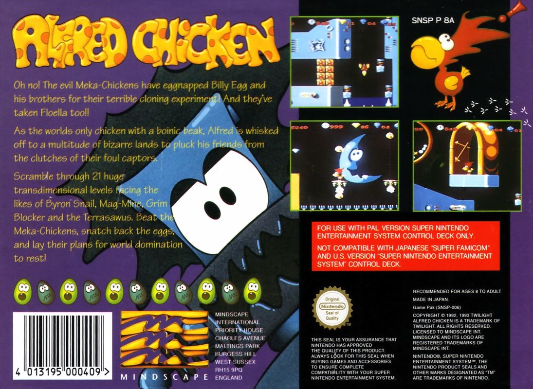 Back Cover for Super Alfred Chicken (SNES)