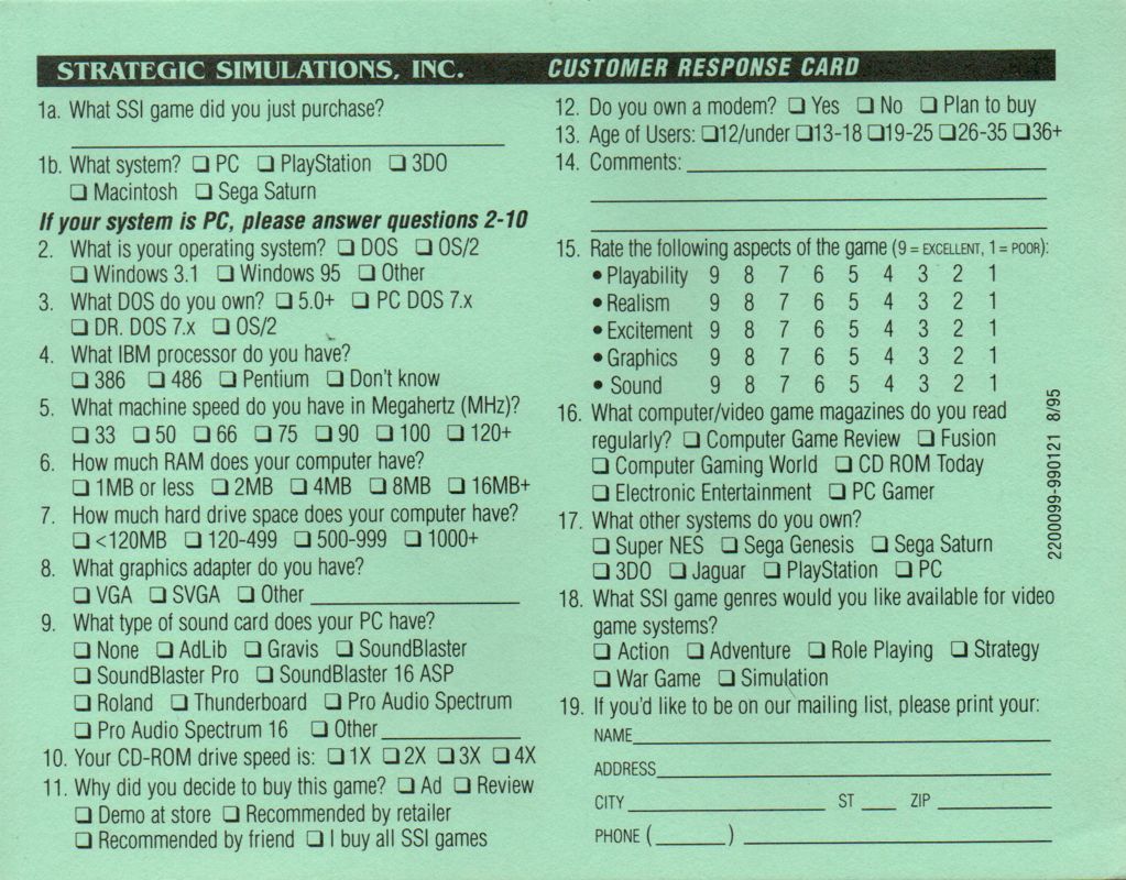 Extras for Silent Hunter Patrol Disk (DOS): Response Card - Side B