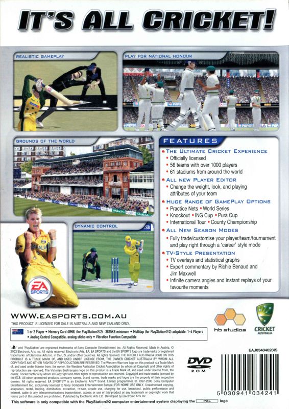 Back Cover for Cricket 2004 (PlayStation 2)