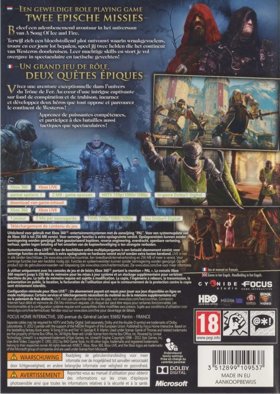 Back Cover for Game of Thrones (Xbox 360)