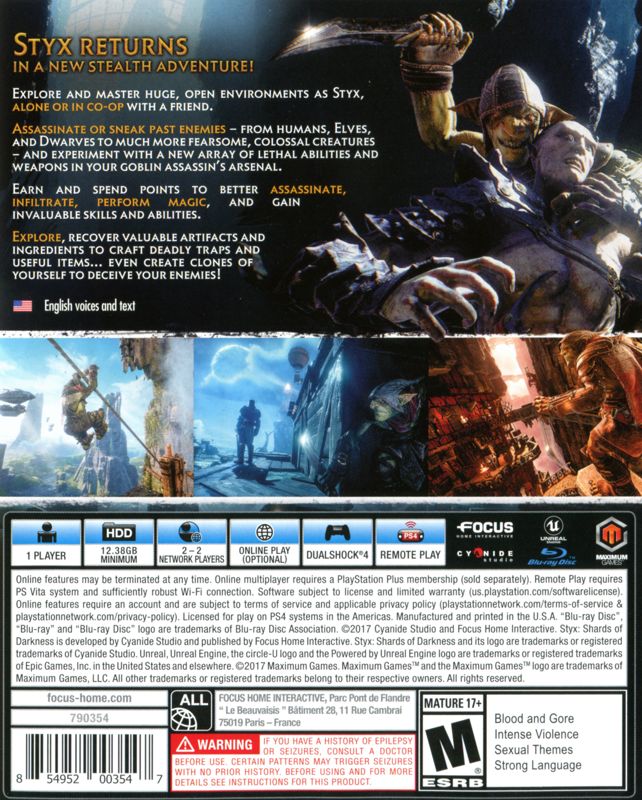 Back Cover for Styx: Shards of Darkness (PlayStation 4)