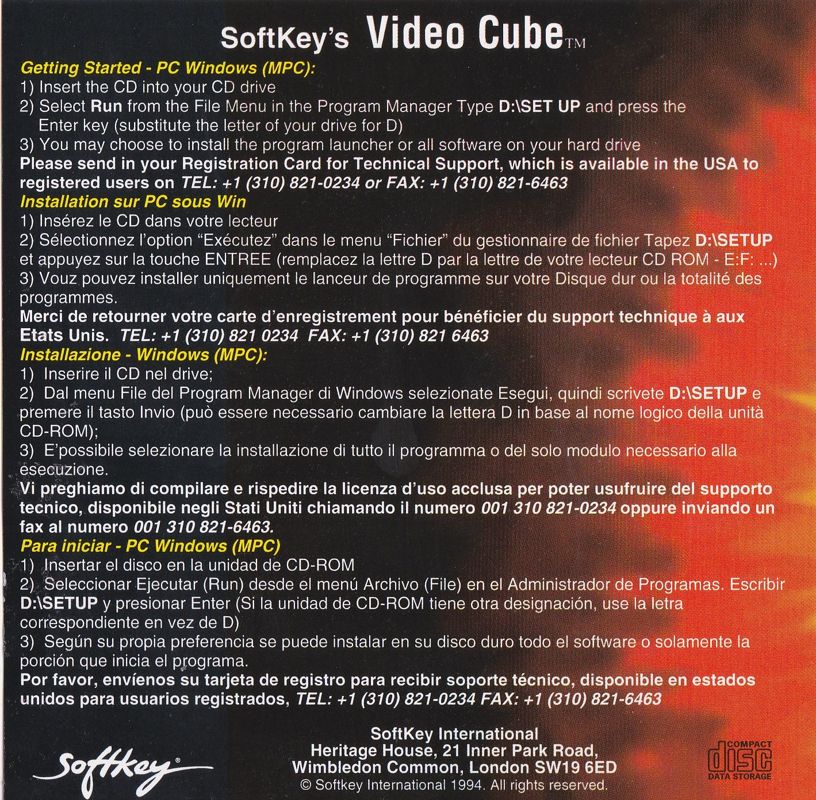 Inside Cover for Video Cube: Space (Windows 3.x)