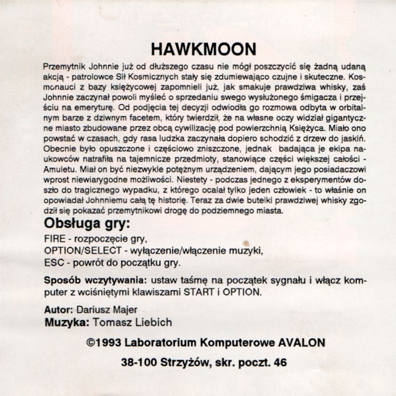 Inside Cover for Hawk Moon (Atari 8-bit)