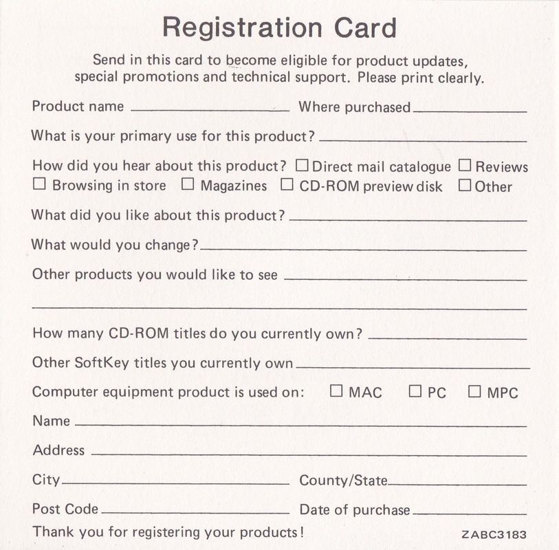 Other for Video Cube: Space (Windows 16-bit) (SoftKey release): Registration Card: Back