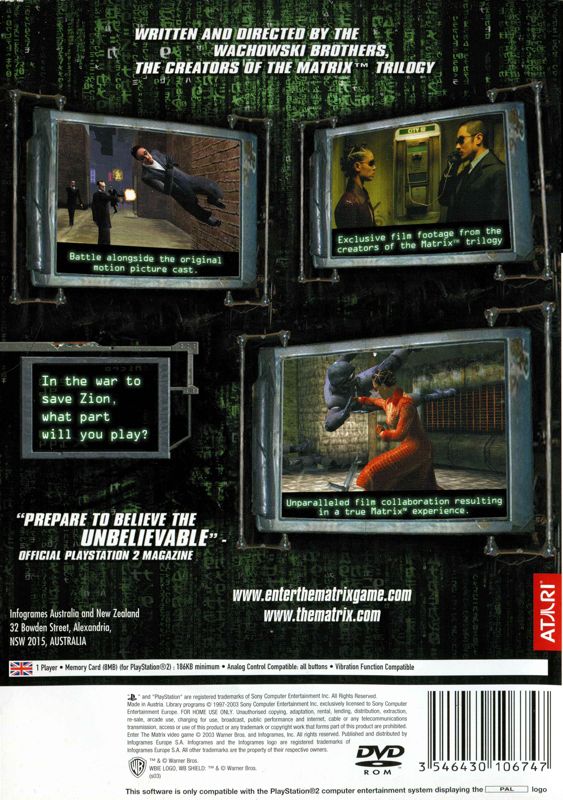 Back Cover for Enter the Matrix (PlayStation 2)