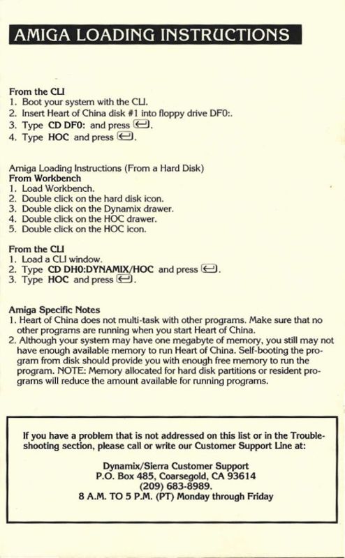 Reference Card for Heart of China (Windows) (GOG.com release): Amiga Loading Instructions - Back