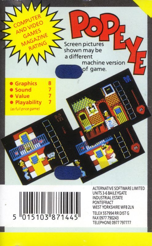 Back Cover for Popeye (ZX Spectrum) (Budget re-release (Alternative Software Ltd: 199 Range))