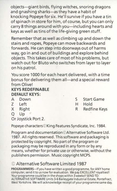 Inside Cover for Popeye (ZX Spectrum) (Budget re-release (Alternative Software Ltd: 199 Range)): side B, I (reverse side A, I)