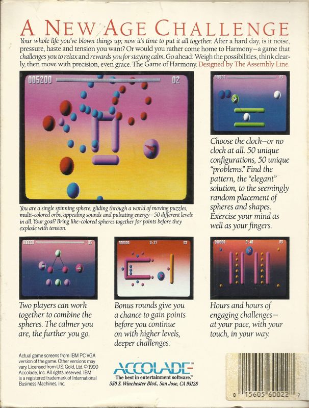 Back Cover for The Game of Harmony (DOS) (5.25" Release (version 1.0))