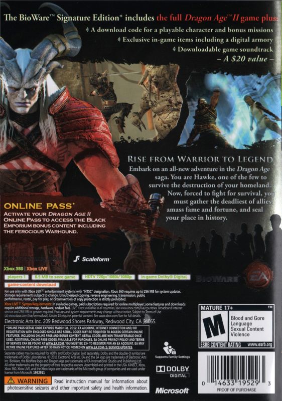 Back Cover for Dragon Age II (BioWare Signature Edition) (Xbox 360) (Glossy cover)