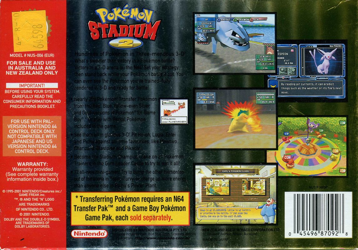 Back Cover for Pokémon Stadium 2 (Nintendo 64)