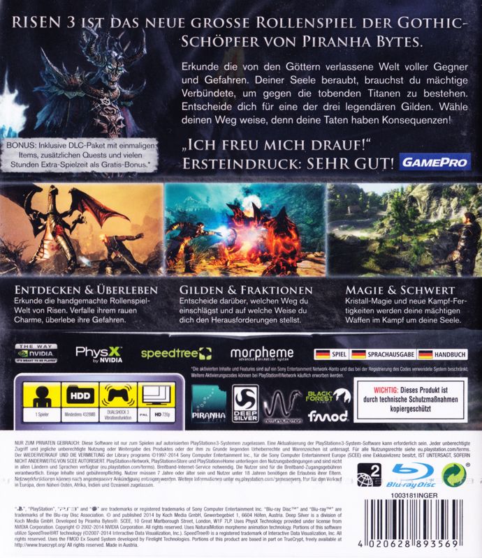 Back Cover for Risen 3: Titan Lords - Complete Edition (PlayStation 3)