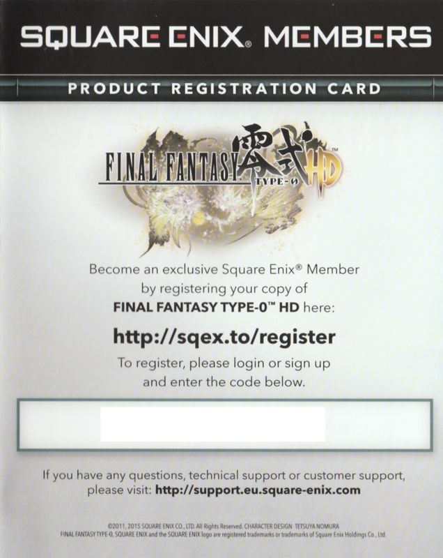 Extras for Final Fantasy: Type-0 HD (Day One Edition) (PlayStation 4): Product Registration Card - Front