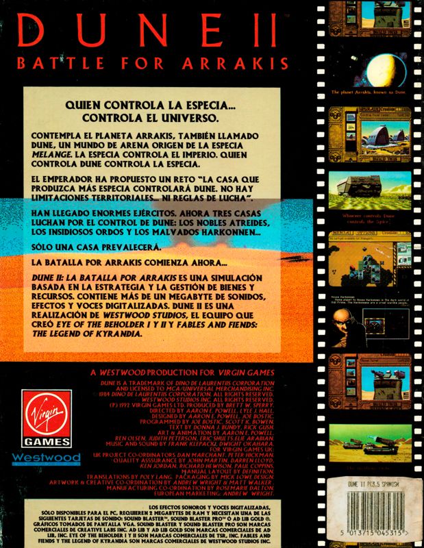 Back Cover for Dune II: The Building of a Dynasty (DOS)