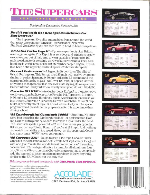 Back Cover for The Supercars: Test Drive II Car Disk (DOS) (5.25" Release)