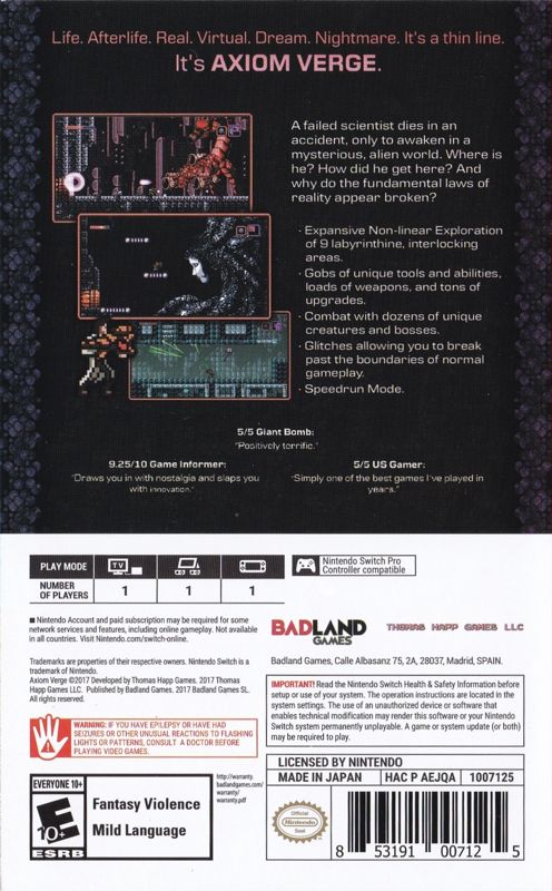 Other for Axiom Verge (Multiverse Edition) (Nintendo Switch) (W/ Banderole): Keep Case - Back