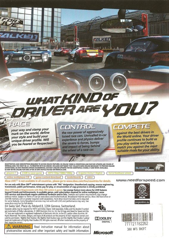 Back Cover for Need for Speed: Shift (Xbox 360)