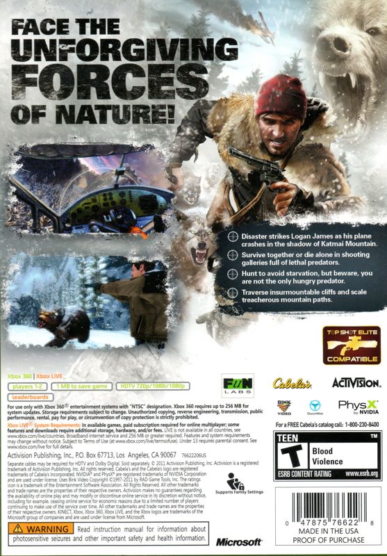 Back Cover for Cabela's Survival: Shadows of Katmai (Xbox 360)