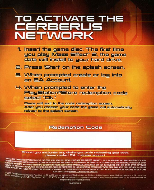 Other for Mass Effect 2 (PlayStation 3): DLC card - back