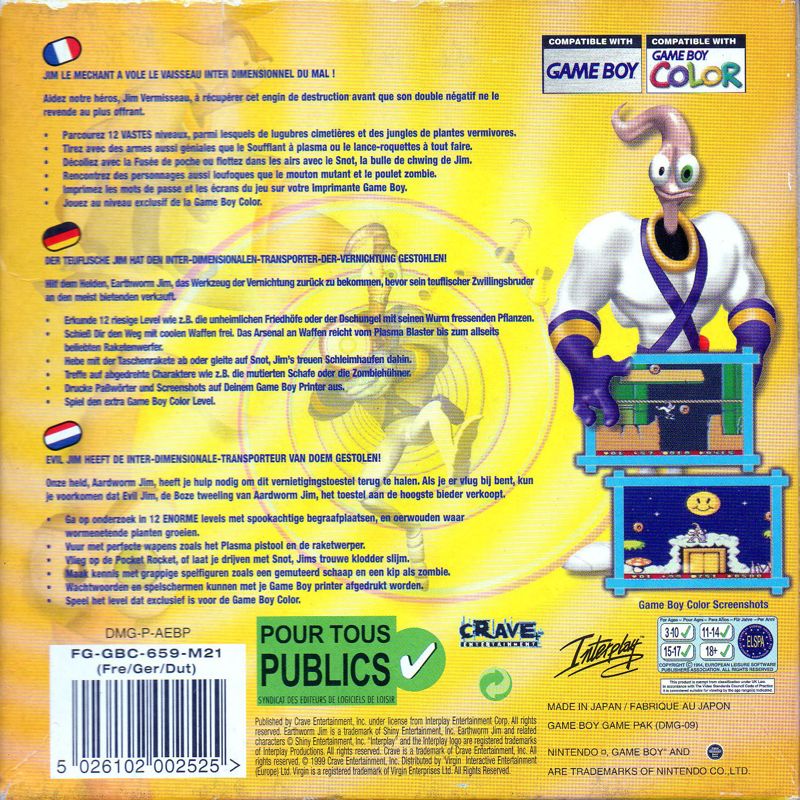 Back Cover for Earthworm Jim: Menace 2 the Galaxy (Game Boy Color)