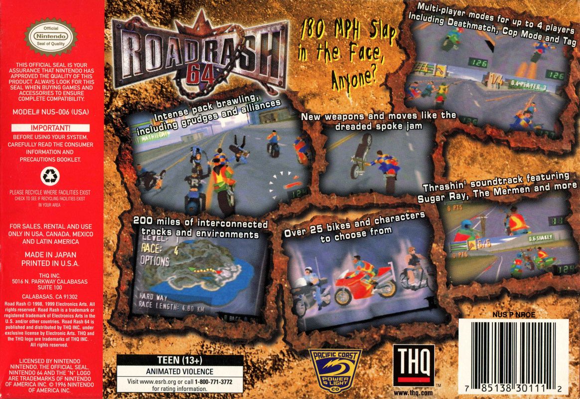 Back Cover for Road Rash 64 (Nintendo 64)