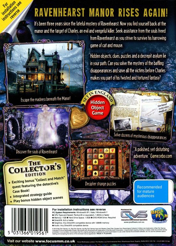 Back Cover for Mystery Case Files: Escape from Ravenhearst (Collector's Edition) (Windows)