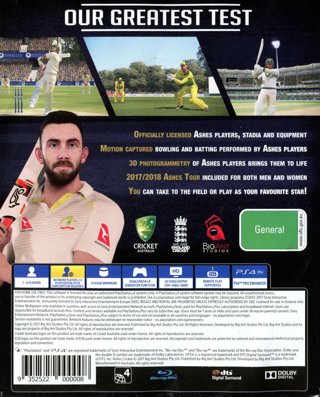 Back Cover for Ashes Cricket (PlayStation 4)