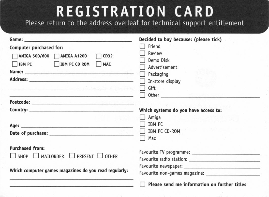 Extras for Flight of the Amazon Queen (DOS): Registration card - Back