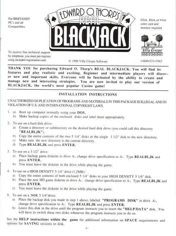 Manual for Edward O. Thorp's Real Blackjack (DOS)
