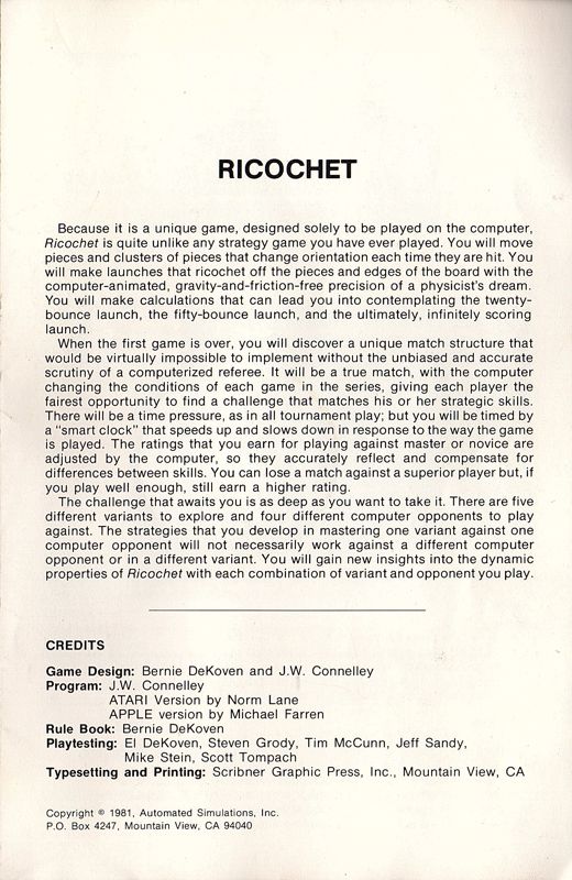 Manual for Ricochet (Atari 8-bit)