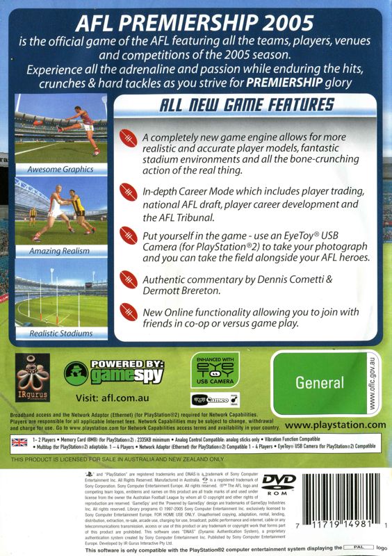 Back Cover for AFL Premiership 2005 (PlayStation 2)