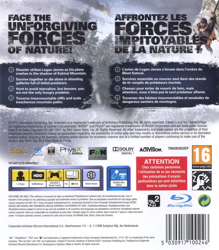 Back Cover for Cabela's Survival: Shadows of Katmai (PlayStation 3)