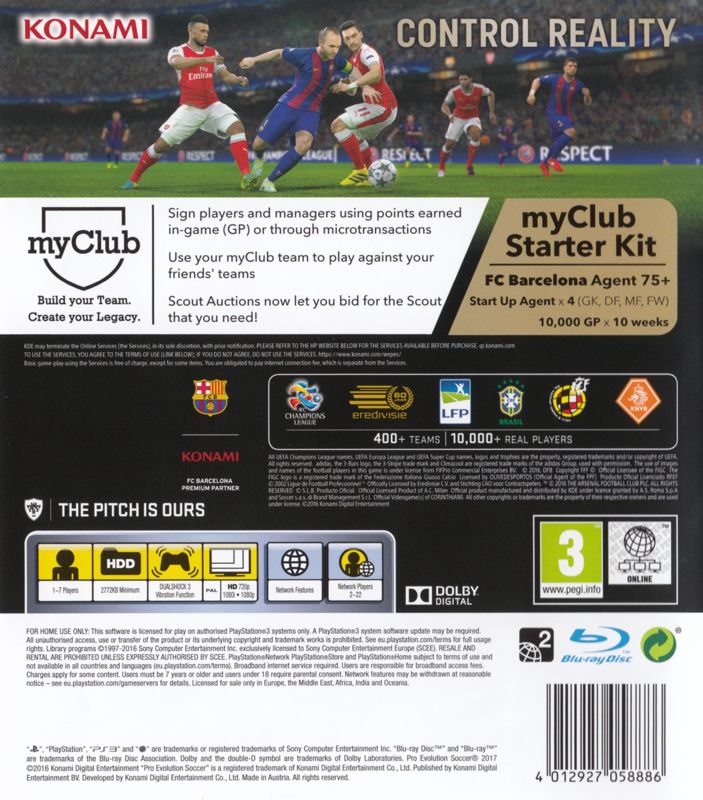 Back Cover for PES 2017: Pro Evolution Soccer (PlayStation 3)