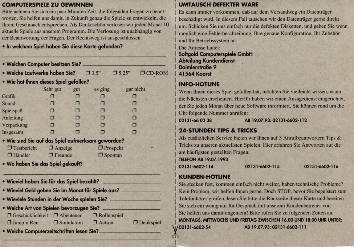 Extras for Eye of the Beholder / Eye of the Beholder II: The Legend of Darkmoon / Eye of the Beholder III: Assault on Myth Drannor (DOS): Registration / Support reference card - Back