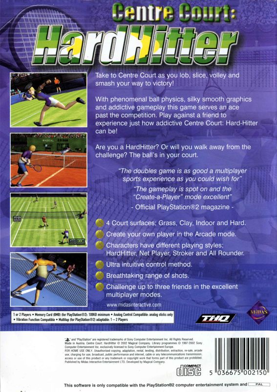 Back Cover for Centre Court: Hardhitter (PlayStation 2)