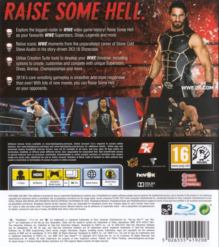 Back Cover for WWE 2K16 (PlayStation 3)