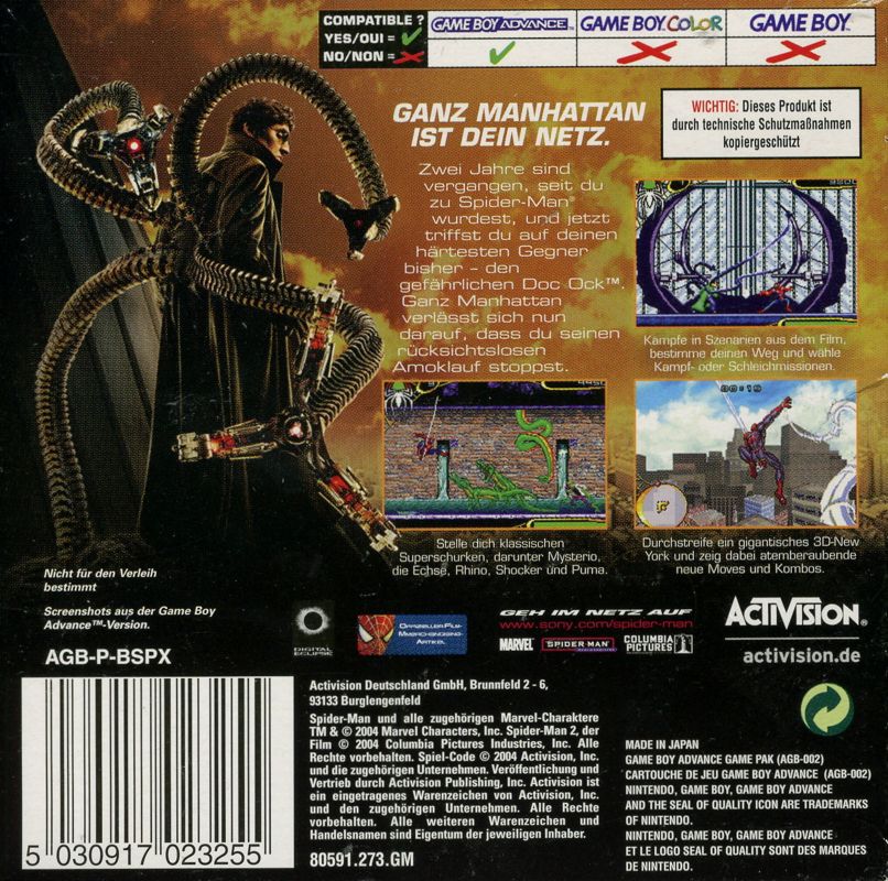 Back Cover for Spider-Man 2 (Game Boy Advance)