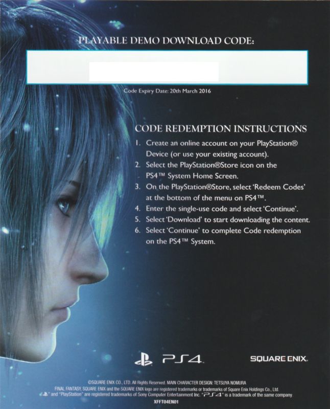 Other for Final Fantasy: Type-0 HD (Day One Edition) (PlayStation 4): DLC Code - Back