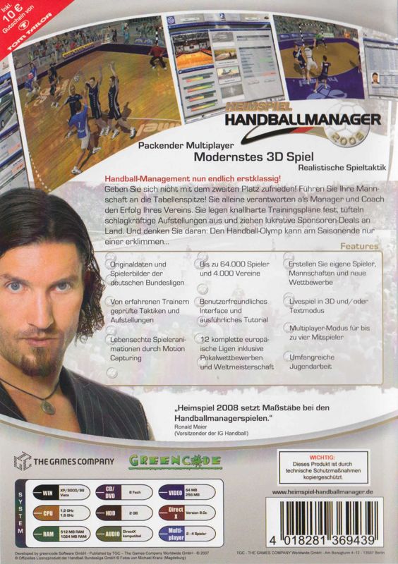 Back Cover for Heimspiel: Handballmanager 2008 (Windows)