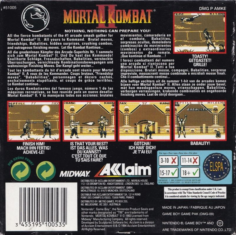 Back Cover for Mortal Kombat II (Game Boy)