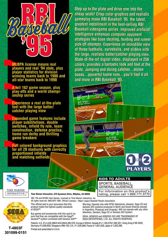 Back Cover for RBI Baseball '95 (SEGA 32X)