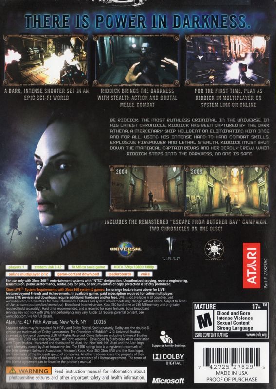 Back Cover for The Chronicles of Riddick: Assault on Dark Athena (Xbox 360)
