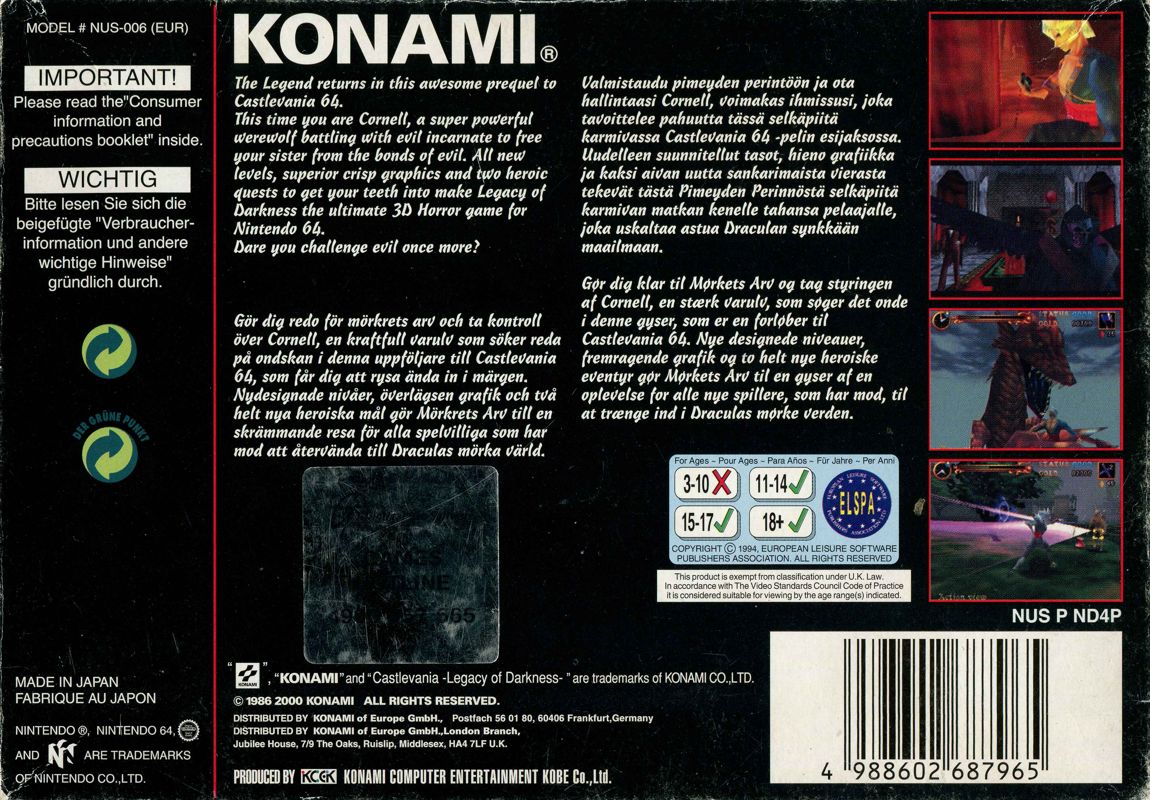 Back Cover for Castlevania: Legacy of Darkness (Nintendo 64)