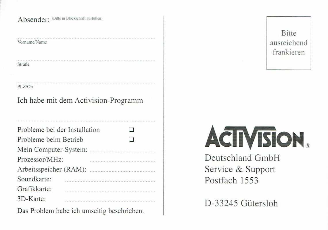 Extras for Battlezone (Windows) (Budget release): Registration Card - Front