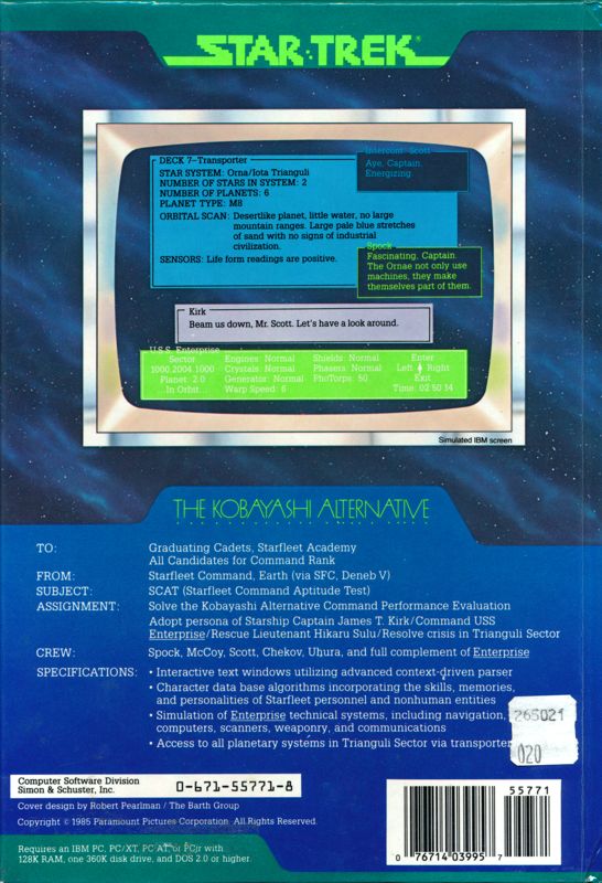 Back Cover for Star Trek: The Kobayashi Alternative (DOS) (Version 1.2)