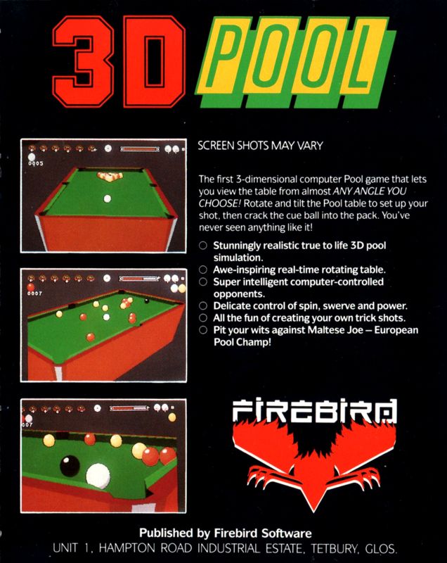 Back Cover for Sharkey's 3D Pool (Amstrad CPC)