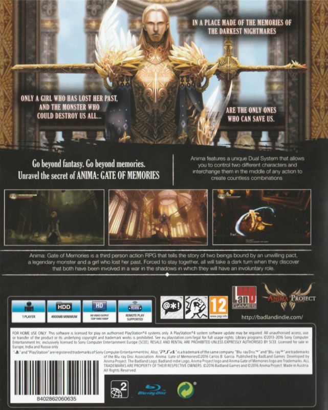 Back Cover for Anima: Gate of Memories (PlayStation 4)