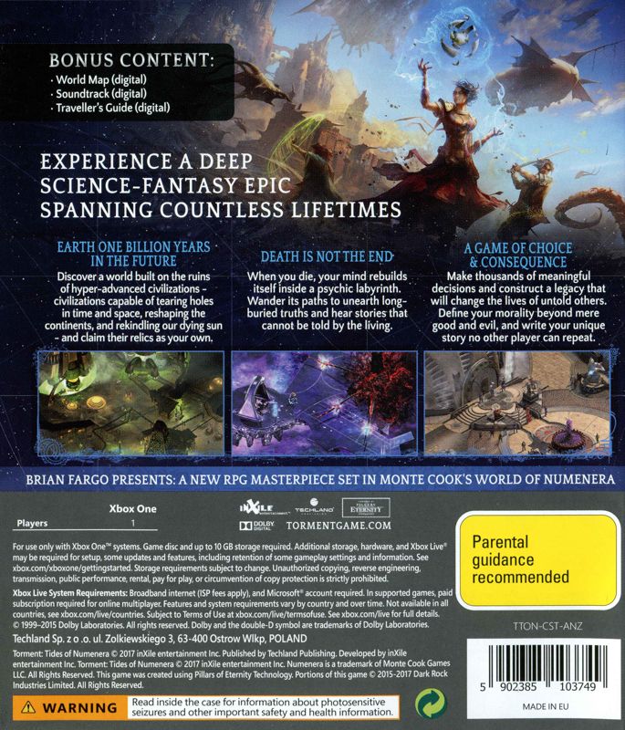 Back Cover for Torment: Tides of Numenera (Xbox One)