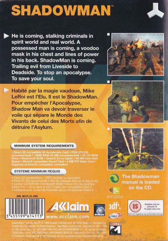 Back Cover for Shadow Man (Windows) (Games Action/ESI 2000 release)